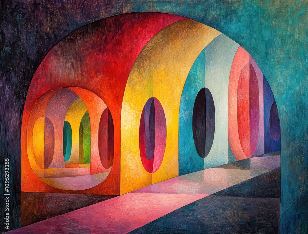 Poster vibrant abstract architectural design with colorful arches and soft shadows creating a dreamlike env