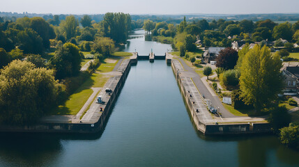 saint-baudelle lock or weir over mayenne river, france. aerial drone forward highlighted by white, png