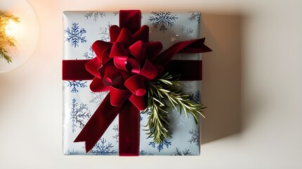 A tightly cropped, overhead shot of a modern, exquisitely wrapped Christmas gift, adorned with a elegant, snowflake-patterned wrapping paper in shades of icy blue and silver, topped with a lush, velve