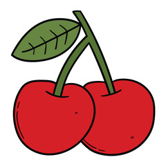 Hand drawn cartoon juicy cherry with leaf on white background.