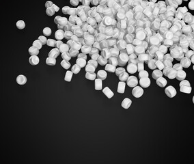 Collection Of White PVC Plastic Polymer Pellets Or Beads On Black Background 3d Illustration