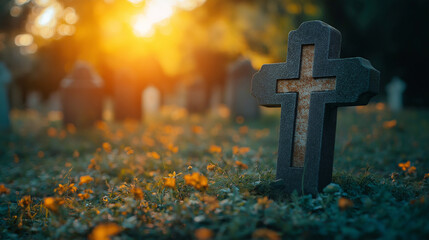 Sunset Cemetery Cross Grave Remembrance Peace Faith
