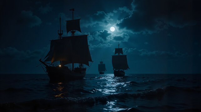 Ships sailing under a moonlit sky over calm ocean waters - Powered by Adobe