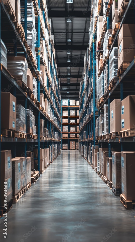 Poster warehouse inventory management: rows of neatly stacked cardboard boxes fill a modern warehouse, show