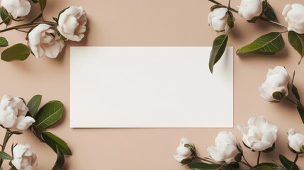 Overhead View Blank Card Mockup with White Flowers on Beige Background, Flatlay, Floral Design, Wedding Stationery Floral Design, Mockup, Stationery
