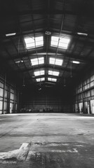 Industrial Space: A black and white photo of an empty warehouse with skylights, highlighting the vastness and emptiness of the space.  