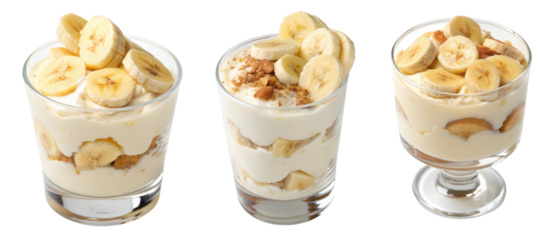 Layered banana pudding dessert in a glass cup.