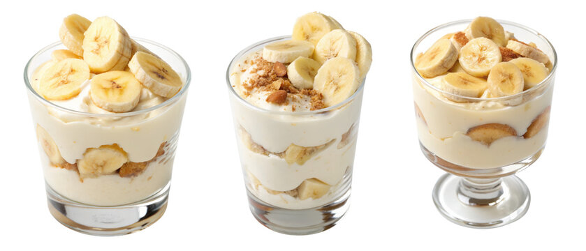 Layered banana pudding dessert in a glass cup.