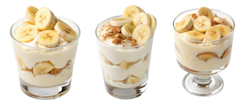 Layered banana pudding dessert in a glass cup.