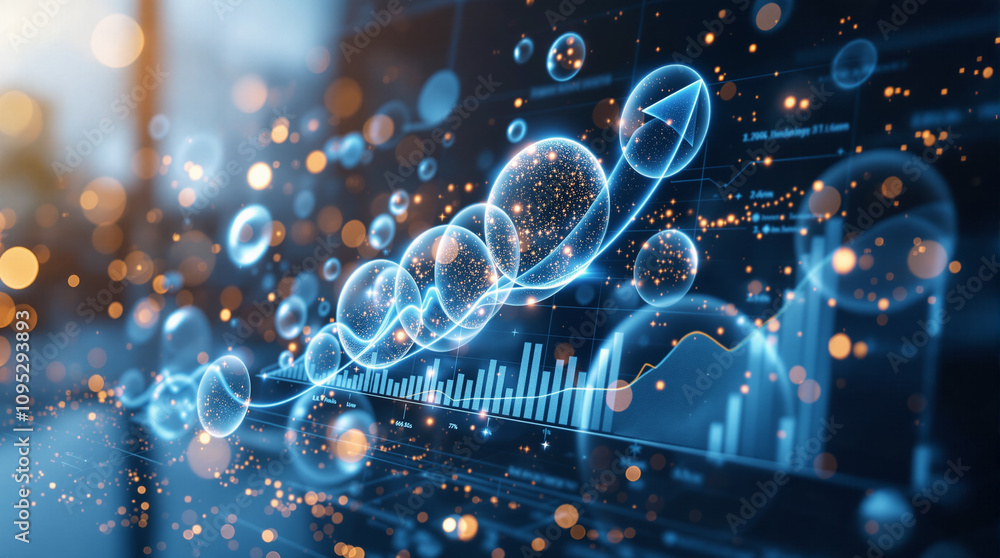 Poster digital visualization showcases data trends and predictions through dynamic graphics and isolated bu