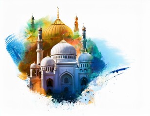 3D Ramadan Islamic Mosque Illustration Image with White Background AI Image