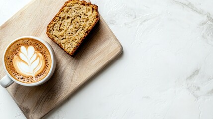 Fototapeta premium きれいな明るい白い背景の木の板の上に置かれたコーヒーカップとバナナブレッドの航空写真