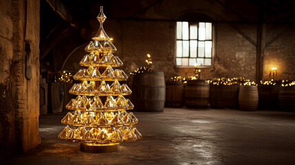 Glass Christmas tree sculpture illuminated with warm lights in a rustic room. Concept of festive elegance and holiday decor. For holiday decoration inspiration