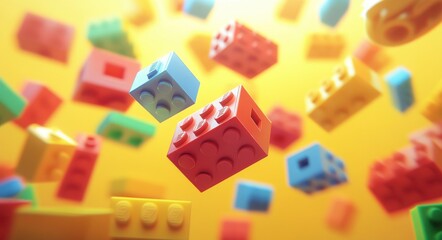 Vibrant Building Blocks Floating in the Air Against a Bright Yellow Background, Showcasing Playfulness and Creativity of Imaginative Play