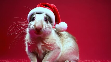 Small white and gray rodent wearing a Santa hat. The rodent is smiling and looking at the camera