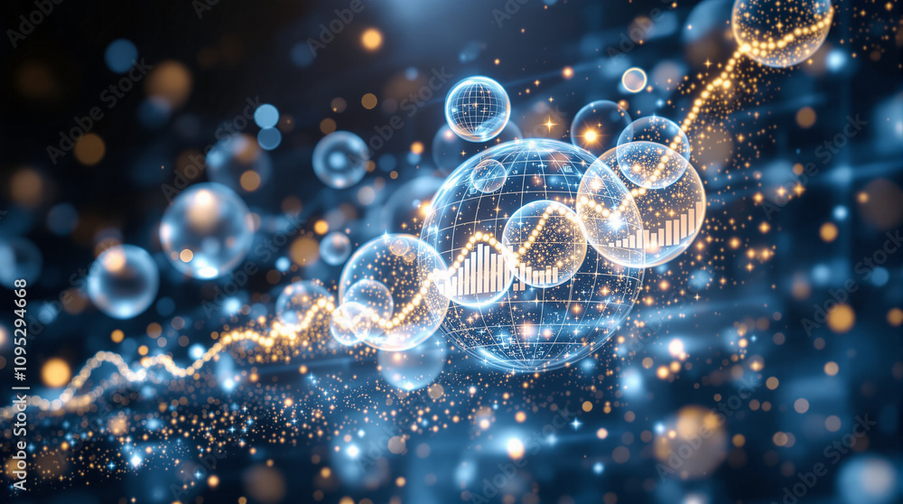 Poster abstract visualization of data trends and predictions using glowing spheres and graphical elements i