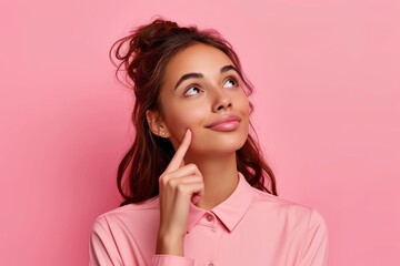 Portrait of a young woman in pink shirt with finger on mouth looking up thinking, isolated on pink studio background, Generative AI