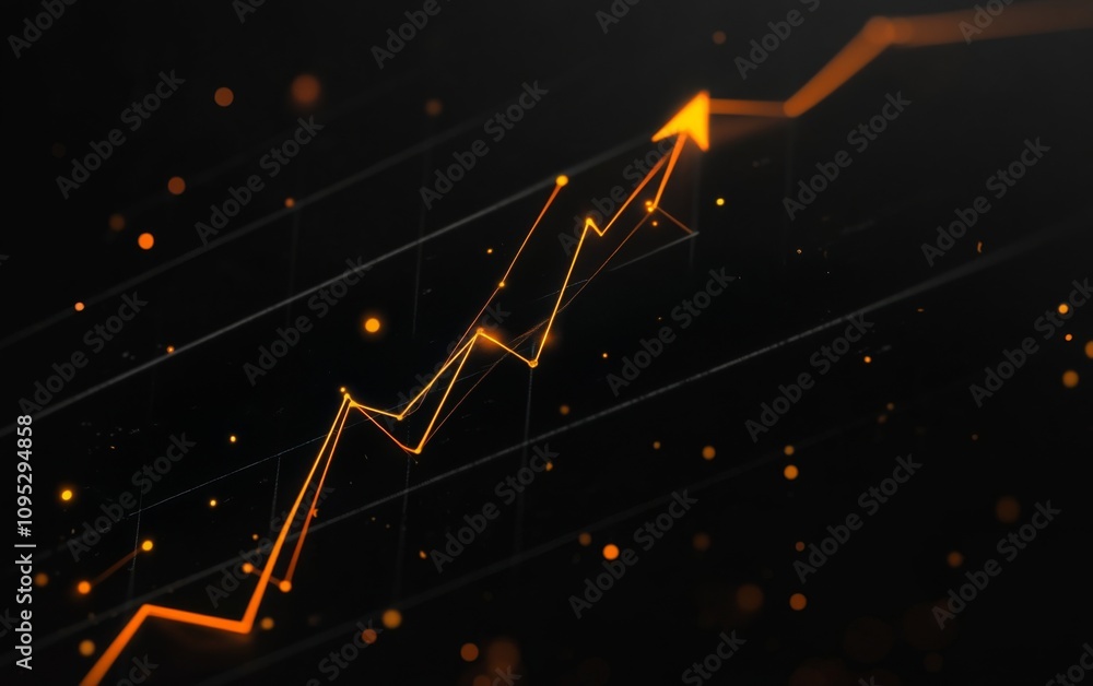 Poster simple line graph with an upward arrow in orange, on a black background, minimalistic vector design.