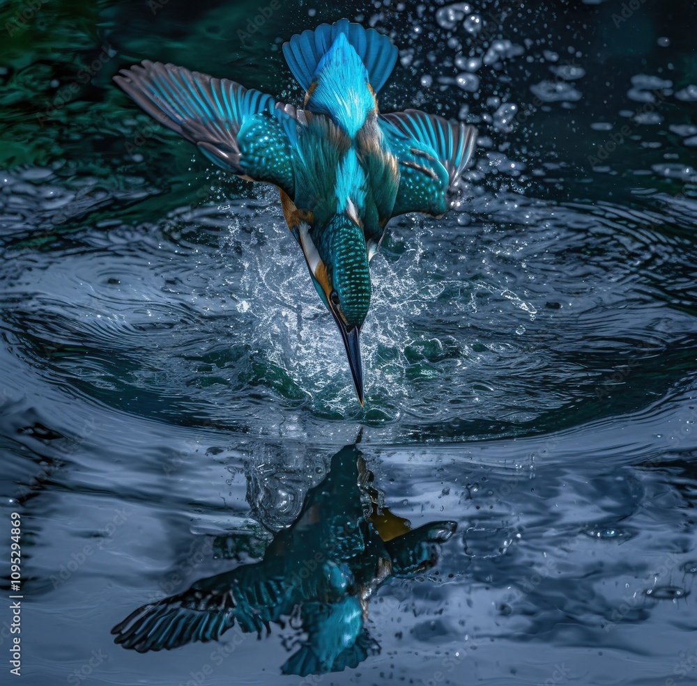 Poster vibrant kingfisher diving into water creating splashes while capturing reflection and displaying bri