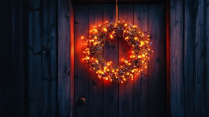 Fototapeta premium A festive wreath adorned with warm lights hangs on a rustic wooden door, creating a cozy atmosphere.