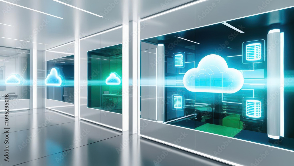Poster seamless cloud deployment with glowing server icons in futuristic tech workspace. modern design show