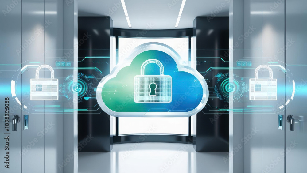Poster secure cloud environment with digital locks and holographic overlays creates ultra modern background