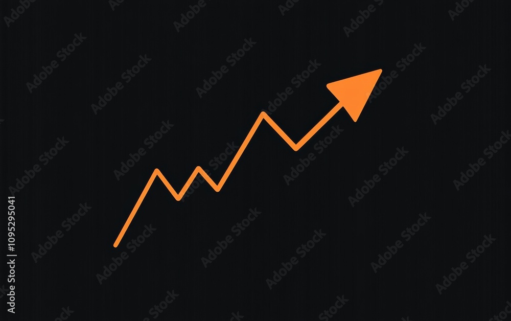 Poster simple line graph with an upward arrow in orange, on a black background, minimalistic vector design.