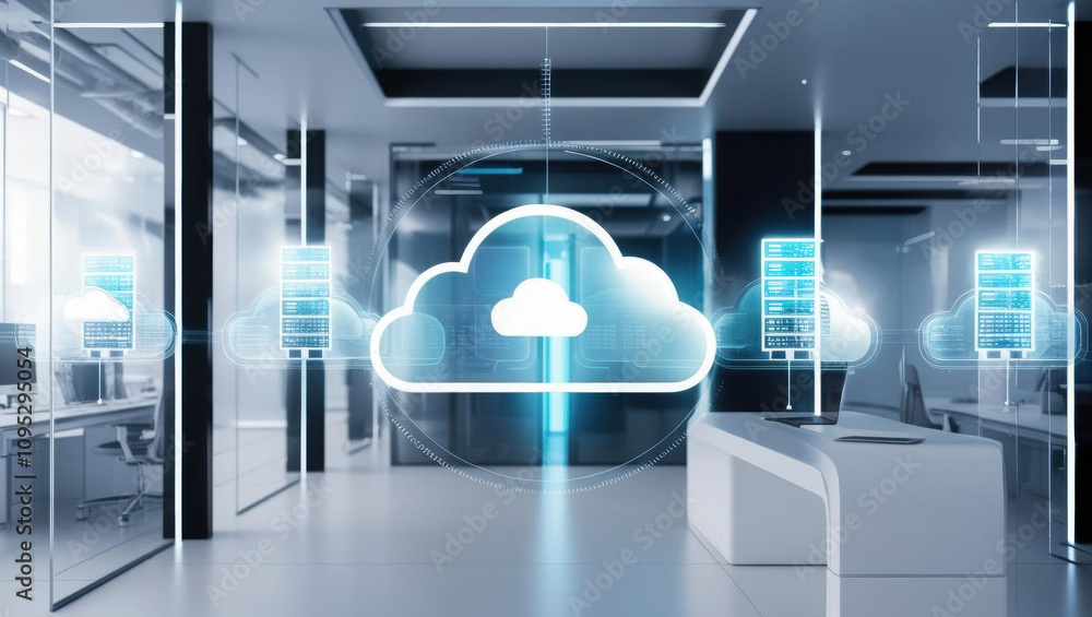 Poster seamless cloud deployment in futuristic tech workspace with glowing server icons. modern office desi