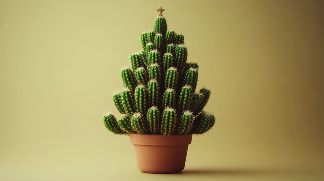 A cactus shaped like a Christmas tree in a pot against a plain background. Concept of festive decoration and creativity. For unique holiday card designs.