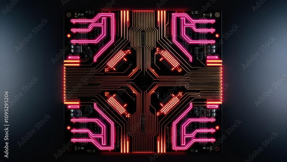 Poster top view of circuit board featuring glowing print patterns in neon tones against dark background, sh