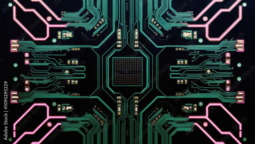 Poster top view of circuit board featuring glowing print patterns in neon tones against dark background, sh