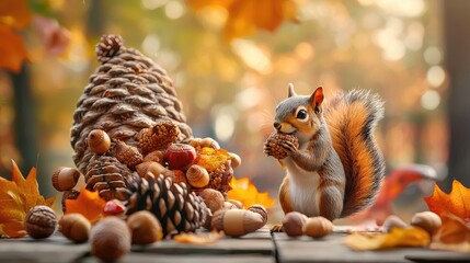 Obraz premium A charming squirrel gathers acorns amidst autumn leaves, surrounded by pine cones, capturing the essence of fall in a vibrant woodland setting.