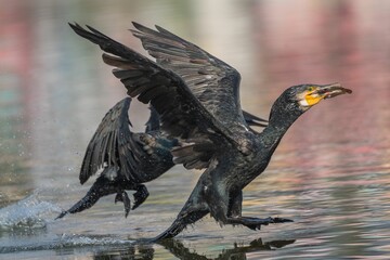 Cormorant catching a fish in mid-flight above a reflective water surface