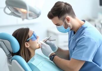 Dentist in blue uniform performs dental treatment on patient wearing protective eyewear in a clinical setting