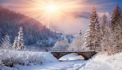 눈 덮인 작은 다리와 얼어붙은 계곡