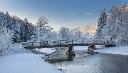 눈 덮인 작은 다리와 얼어붙은 계곡