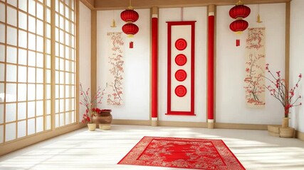 A bright and inviting interior featuring red decorations and traditional elements in a serene setting