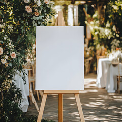 A blank white welcome sign mockup, size is 24 by 36 inches in portrait orientation, on an easel during a wedding party.
