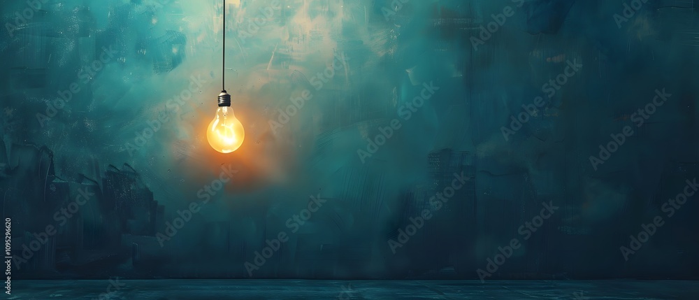 Poster A Single Hanging Light Bulb Illuminates a Gloomy Blue and Green Abstract Background with Soft Textures and Distinct Shadows in a Minimalist Setting