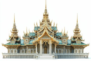 Naklejka premium Ornate golden Thai temple, teal roofs.