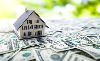 Home real estate on money concept for mortgage, buying, savings or house for sale background
