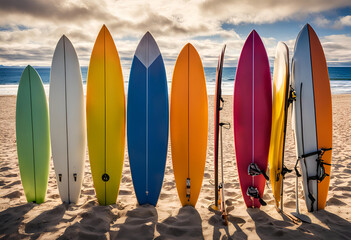 colorful surfboards lined up on sandy beach against blue sky
