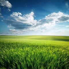 Obraz premium Green Field Beautiful Mount Sky and River Background AI Image