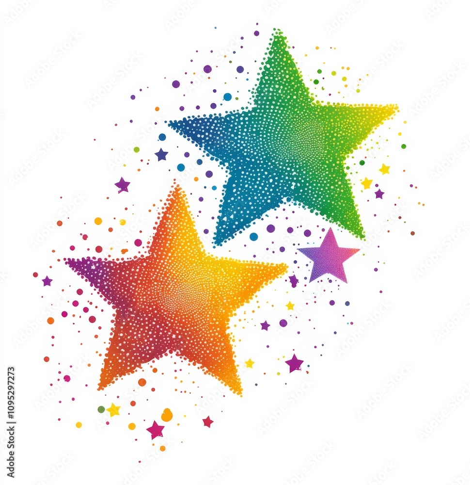 Poster three colorful stars made of dots and particles on a white background, in a simple, minimalist vecto
