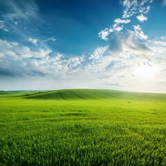 Obraz premium Green Field Beautiful Mount Sky and River Background AI Image
