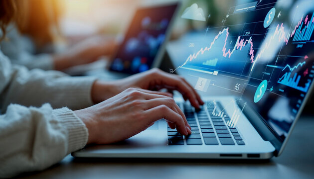 A person's hands typing on a laptop keyboard, with various financial and business icons and graphs overlaid on the image, suggesting an analysis or planning of financial data