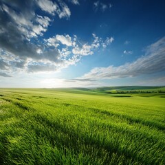 Fototapeta premium Green Field Beautiful Mount Sky and River Background AI Image