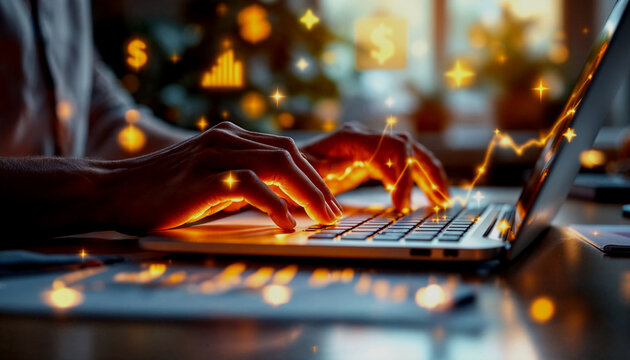A person's hands typing on a laptop keyboard, with various financial and business icons and graphs overlaid on the image, suggesting an analysis or planning of financial data