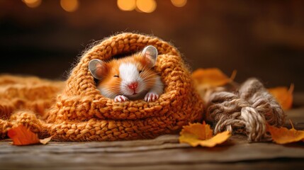 Obraz premium A cozy hamster snuggled in an orange blanket, surrounded by autumn leaves, exuding warmth and comfort.