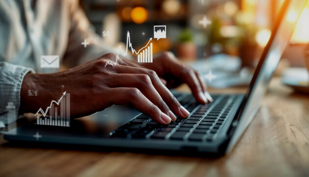 A person's hands typing on a laptop keyboard, with various financial and business icons and graphs overlaid on the image, suggesting an analysis or planning of financial data